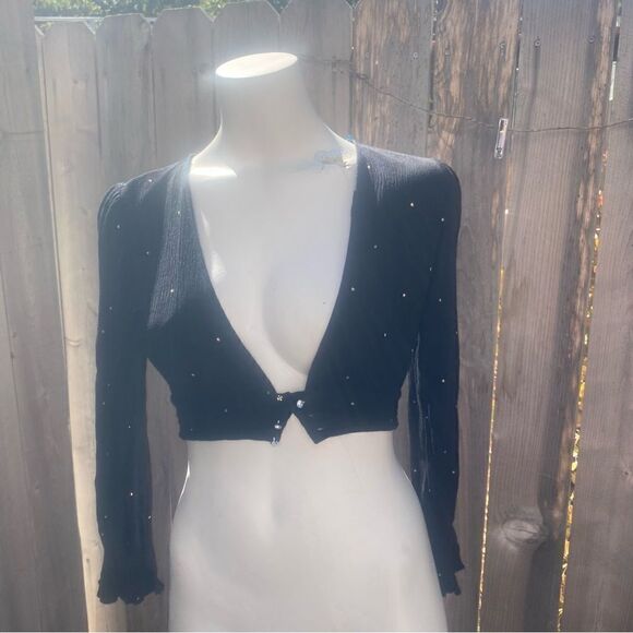 For Love & Lemons Crop Top Blouse Black Balloon Sleeves Gold Stars size small - Picture 10 of 11